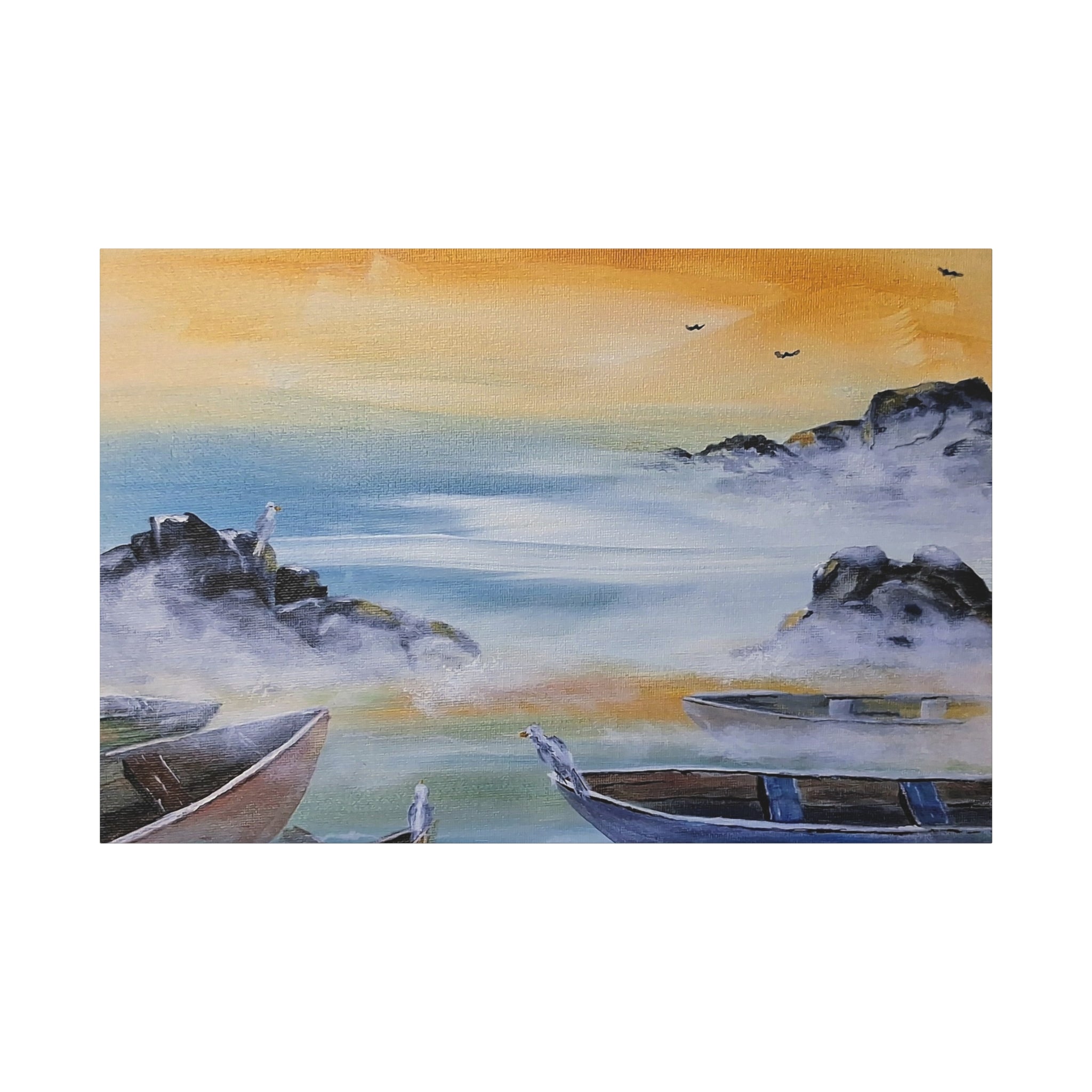 IN FOR THE NIGHT - Coastal Mist Canvas Print — Serene Sunrise Boat Wall Art