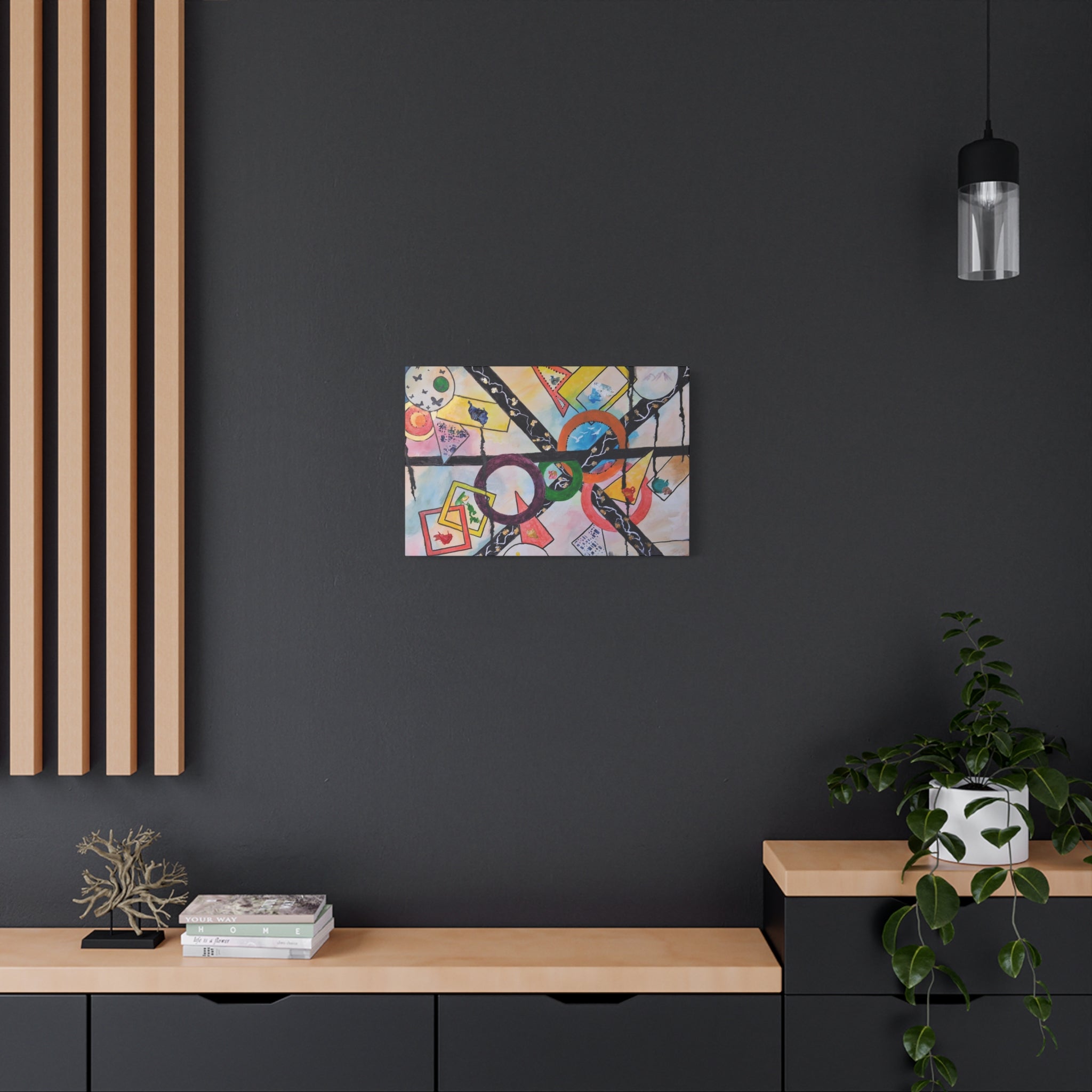 SERCHING FOR GREATNESS - Abstract Geometric Canvas Print — Colorful Rings & Cards Matte Stretched Wall Art
