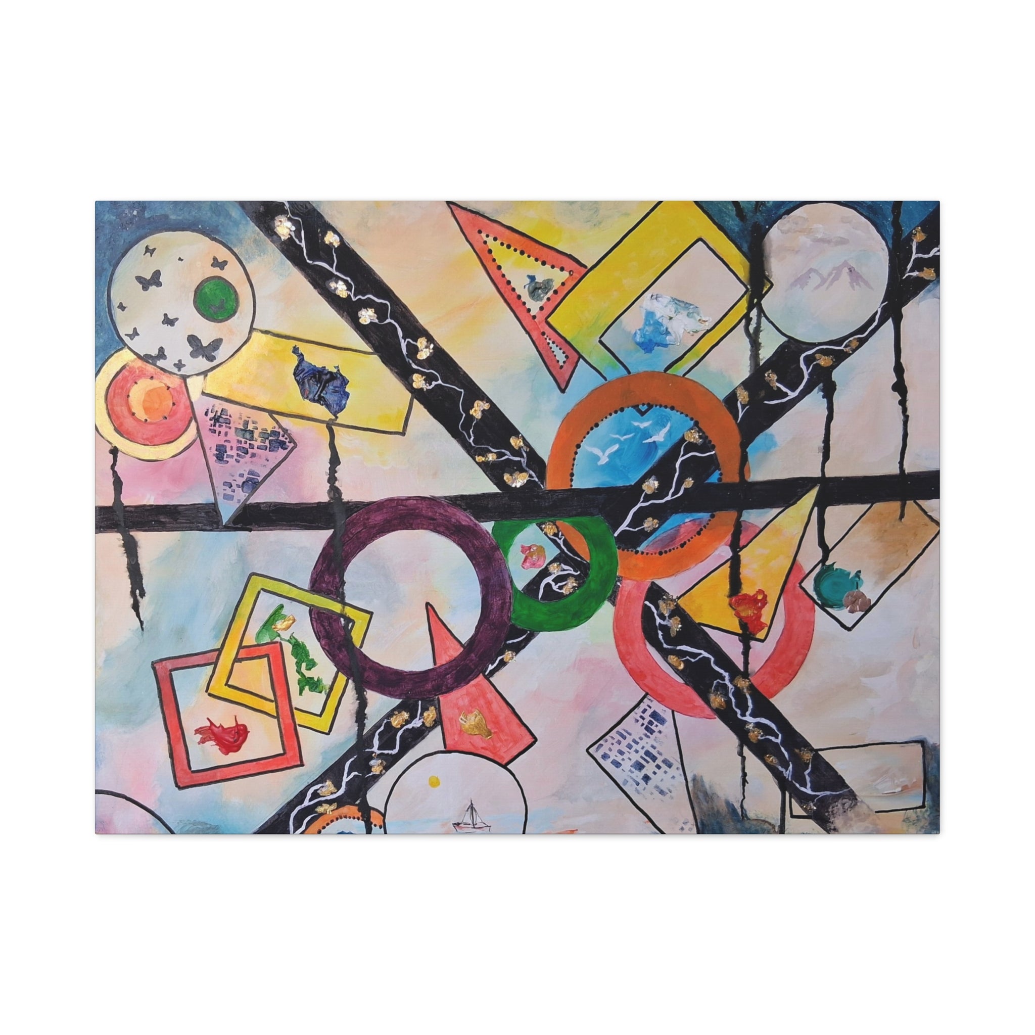 SERCHING FOR GREATNESS - Abstract Geometric Canvas Print — Colorful Rings & Cards Matte Stretched Wall Art