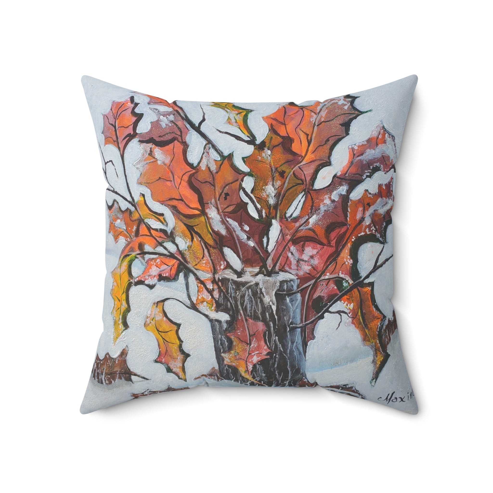 Autumn Branches Square Pillow — Watercolor Fall Leaves Decorative Throw Pillow