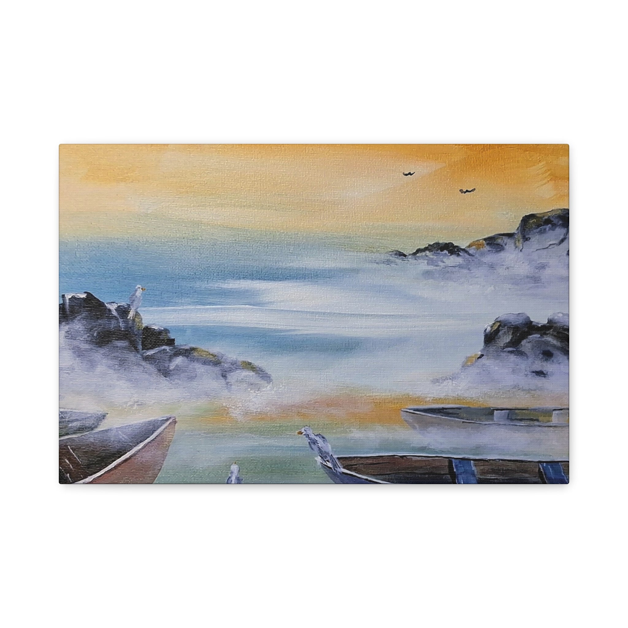 IN FOR THE NIGHT - Coastal Mist Canvas Print — Serene Sunrise Boat Wall Art