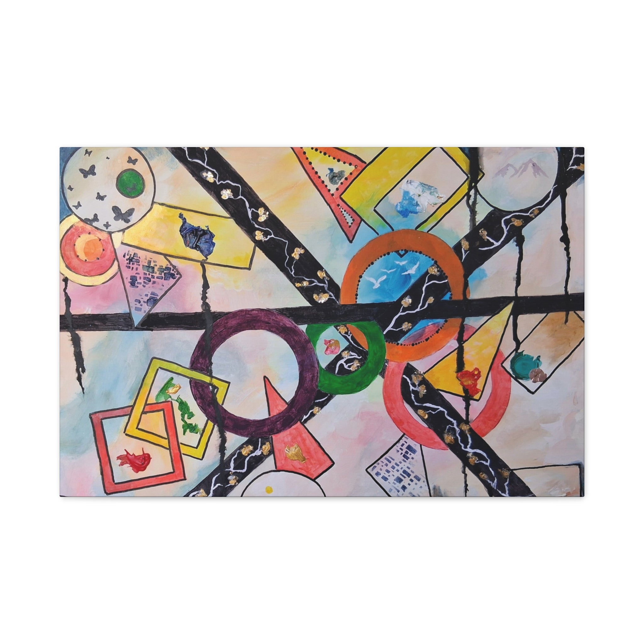 SERCHING FOR GREATNESS - Abstract Geometric Canvas Print — Colorful Rings & Cards Matte Stretched Wall Art