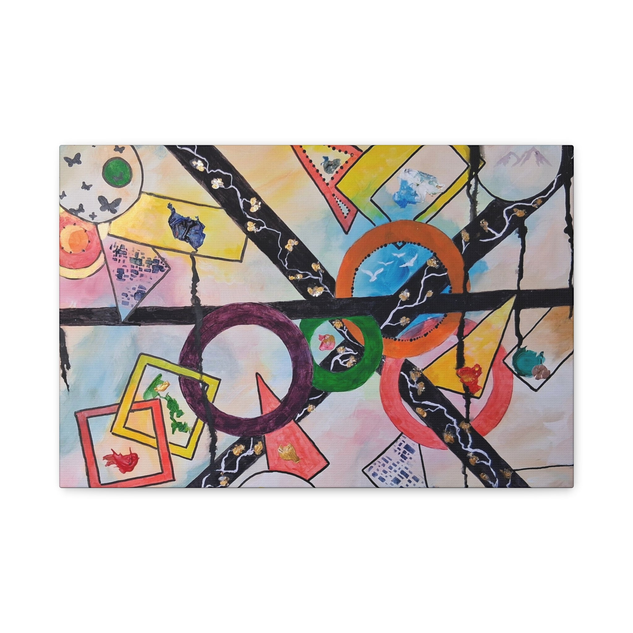 SERCHING FOR GREATNESS - Abstract Geometric Canvas Print — Colorful Rings & Cards Matte Stretched Wall Art