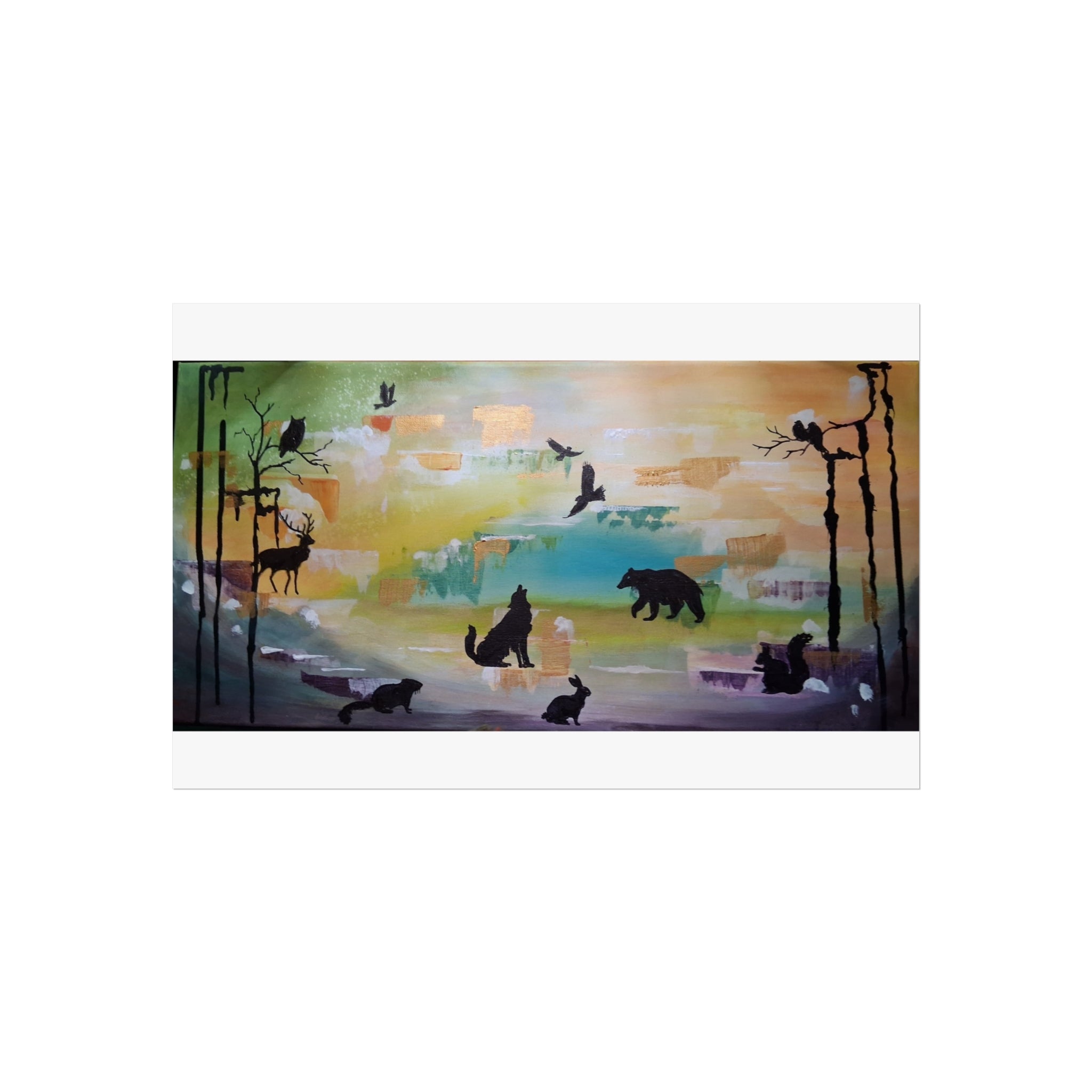 Wildlife Silhouette Fine Art Poster — Forest Animals Sunset Wall Art
