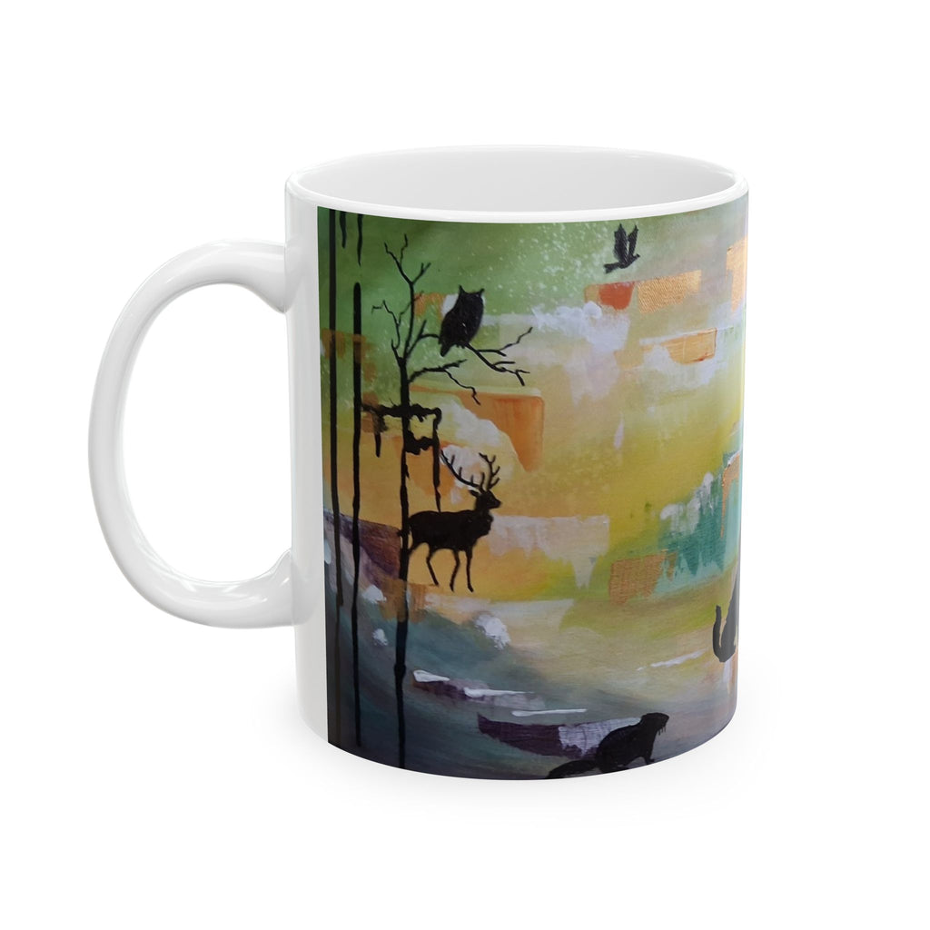 GUARDIANS OF THE FOREST - Wildlife Silhouette Ceramic Mug — Scenic Bear, Wolf & Bird Coffee Cup (11oz/15oz)