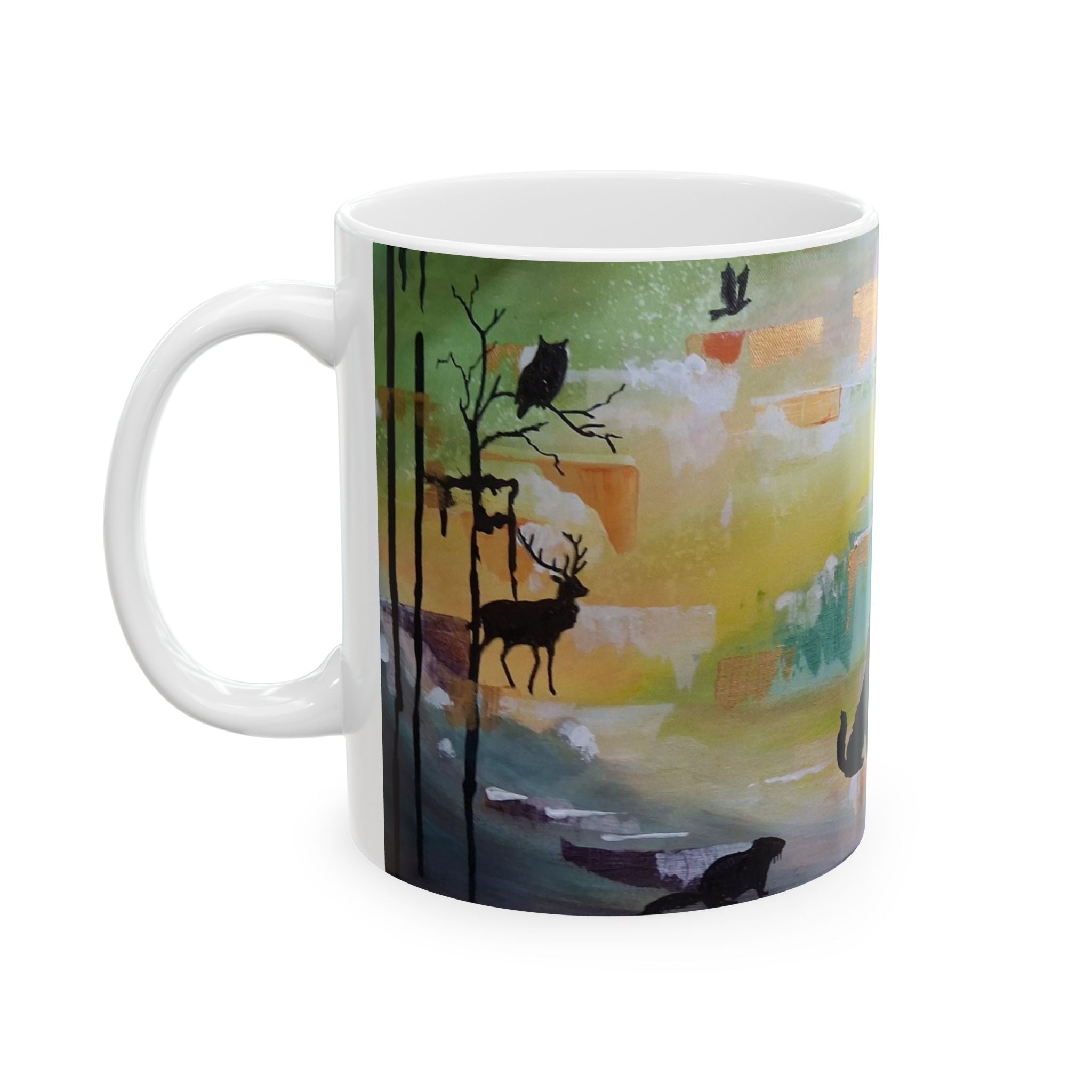 GUARDIANS OF THE FOREST - Wildlife Silhouette Ceramic Mug — Scenic Bear, Wolf & Bird Coffee Cup (11oz/15oz)