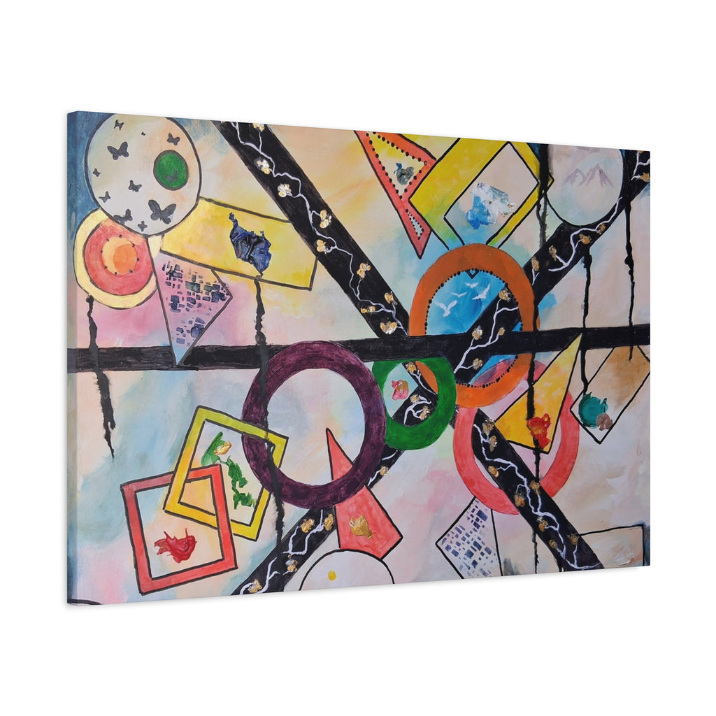 SERCHING FOR GREATNESS - Abstract Geometric Canvas Print — Colorful Rings & Cards Matte Stretched Wall Art