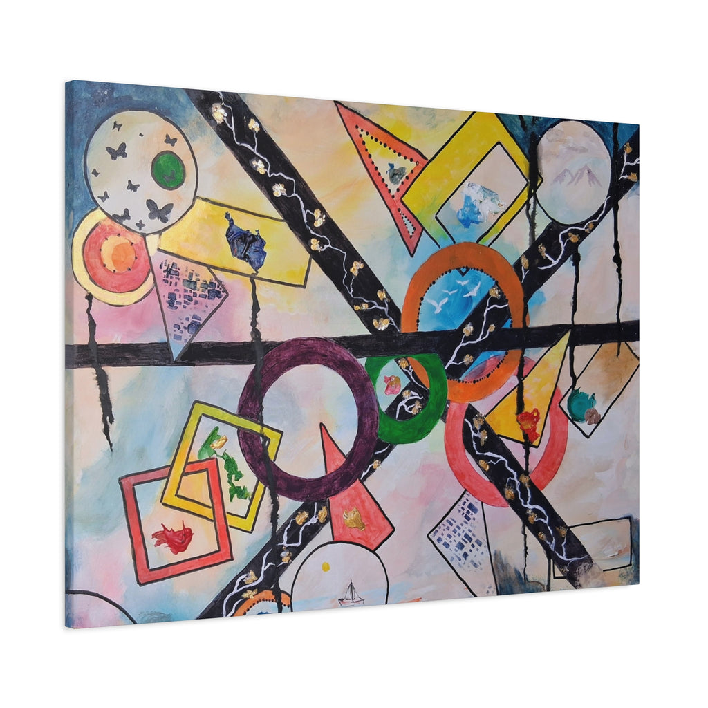 SERCHING FOR GREATNESS - Abstract Geometric Canvas Print — Colorful Rings & Cards Matte Stretched Wall Art