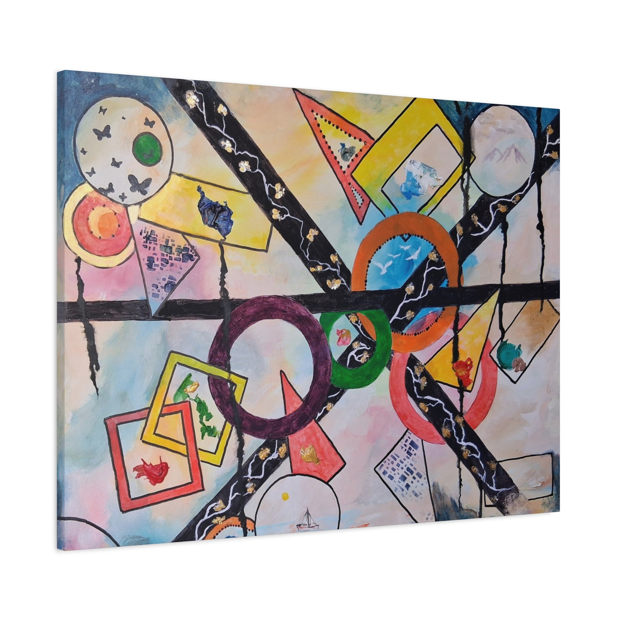 SERCHING FOR GREATNESS - Abstract Geometric Canvas Print — Colorful Rings & Cards Matte Stretched Wall Art