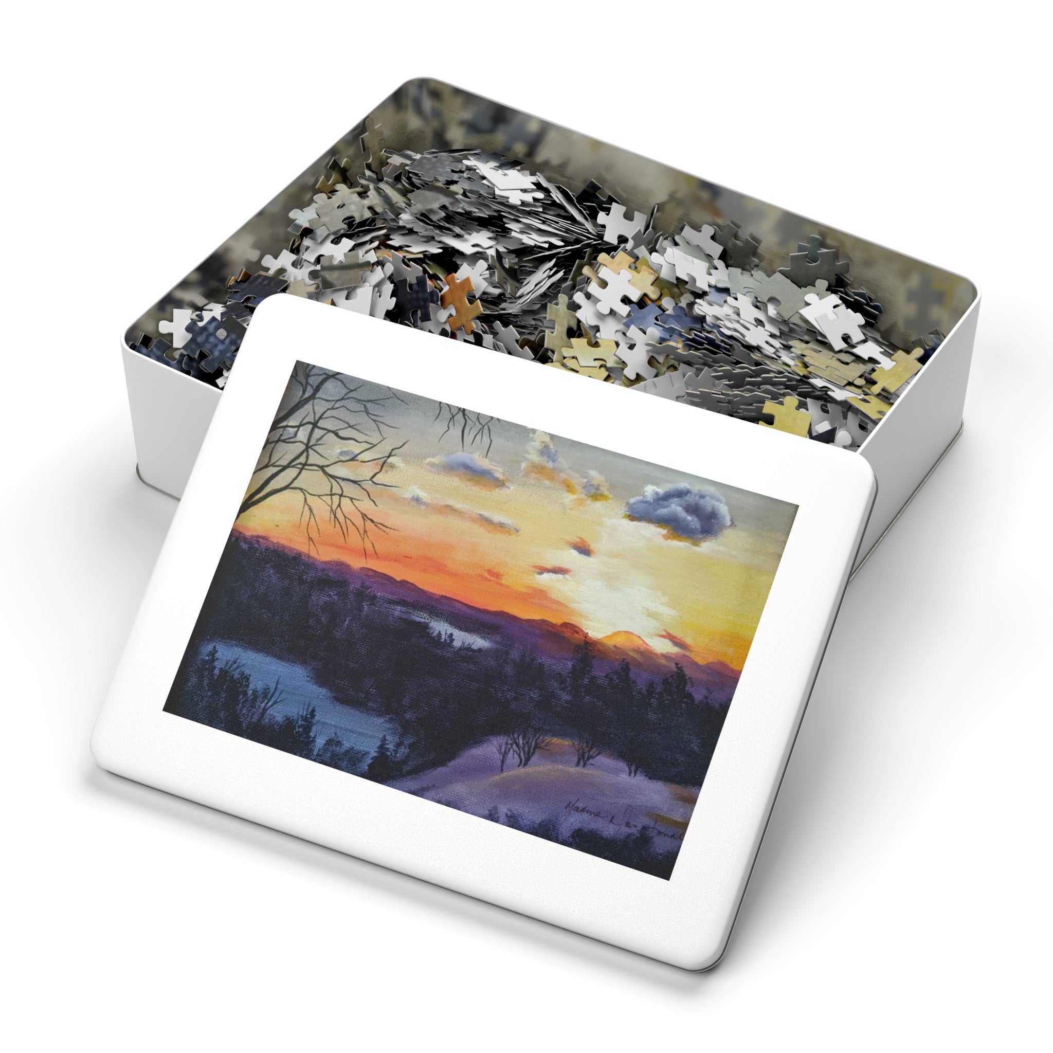 EVENING IN THE SHANDOAH VALLEY - Sunset Winter Landscape Puzzle — 500-Piece Jigsaw with Tin Gift Box