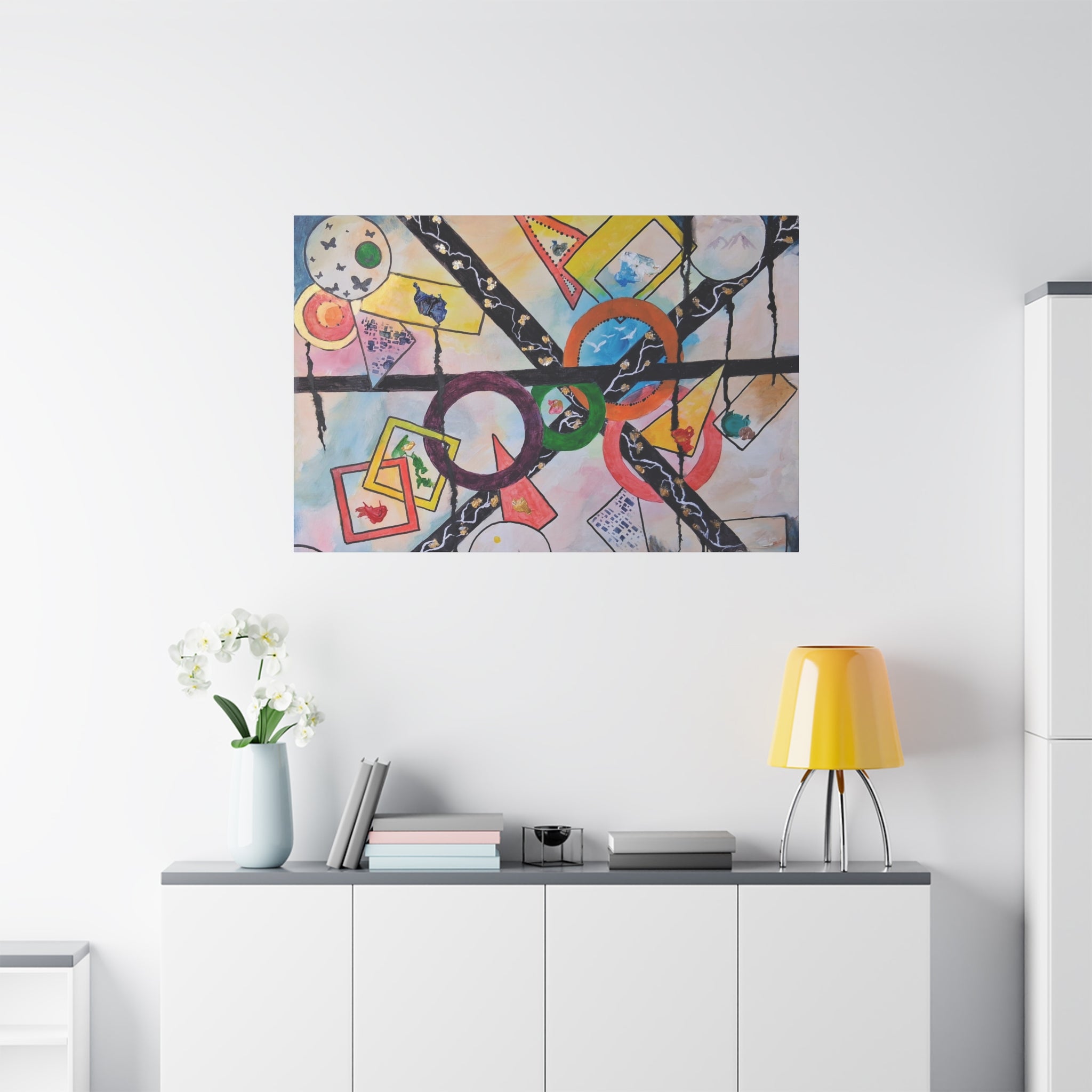 SERCHING FOR GREATNESS - Abstract Geometric Canvas Print — Colorful Rings & Cards Matte Stretched Wall Art