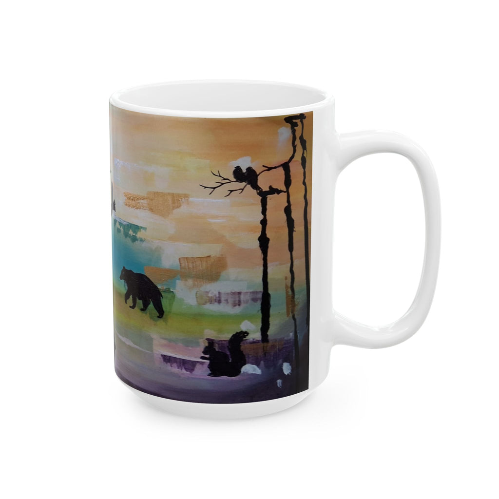 GUARDIANS OF THE FOREST - Wildlife Silhouette Ceramic Mug — Scenic Bear, Wolf & Bird Coffee Cup (11oz/15oz)