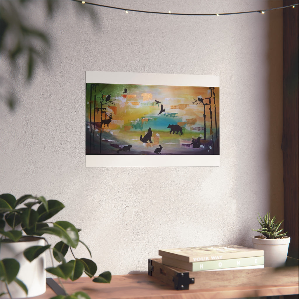 Wildlife Silhouette Fine Art Poster — Forest Animals Sunset Wall Art