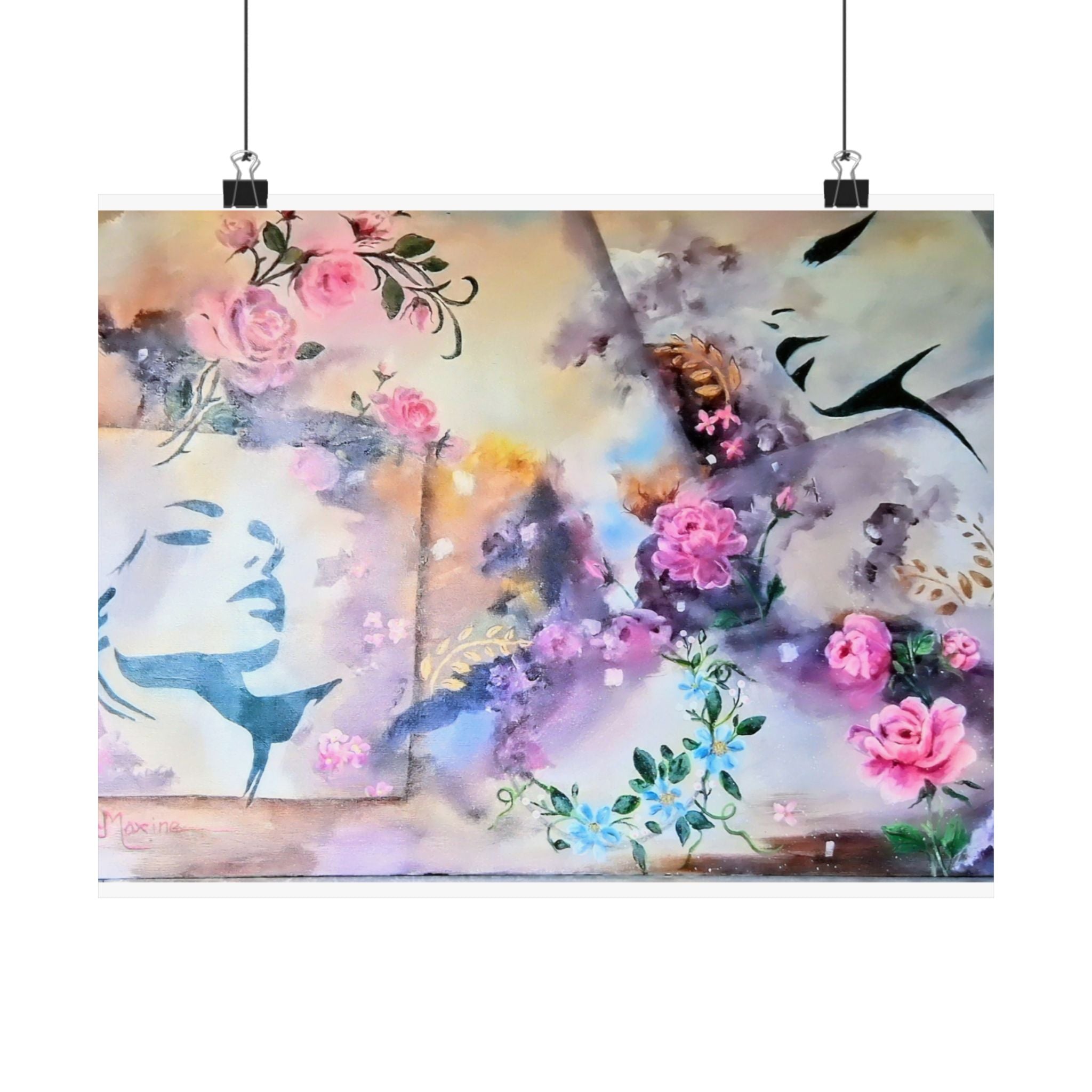 ANGELS AMONG US  Floral  Wall Poster — Matte Horizontal Art Print with Pink Roses