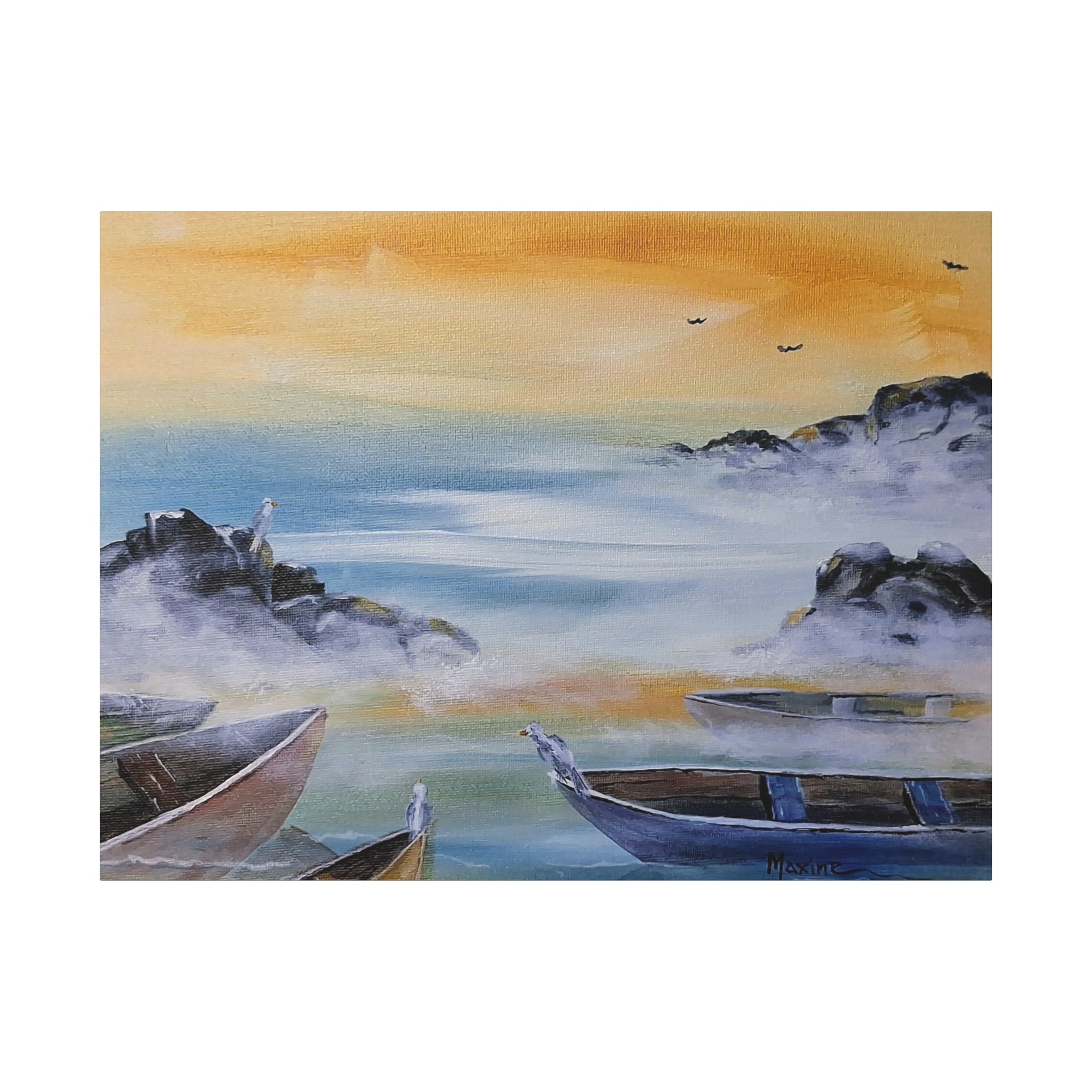 IN FOR THE NIGHT - Coastal Mist Canvas Print — Serene Sunrise Boat Wall Art