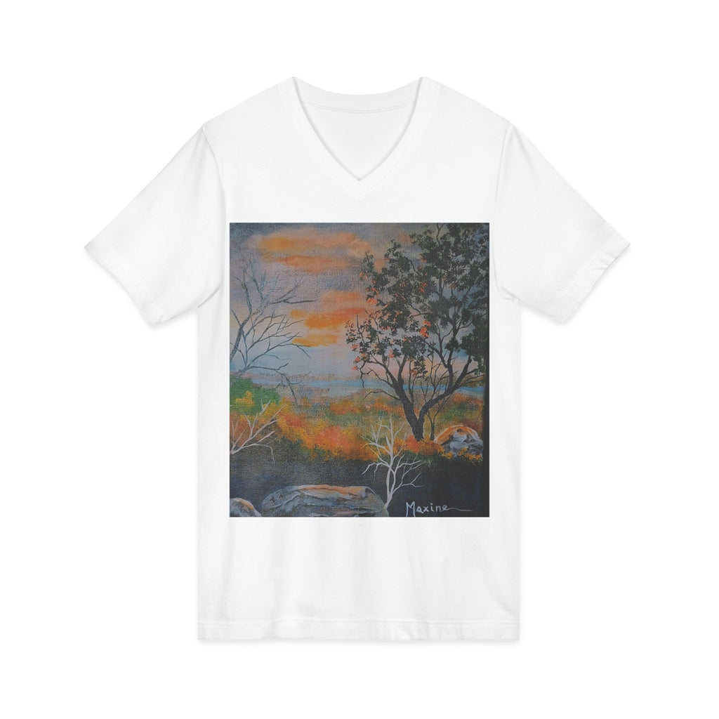 EVENING NEAR THE HUDSON RIVER - Sunset Landscape V-Neck Tee - Hand-Painted Nature Art