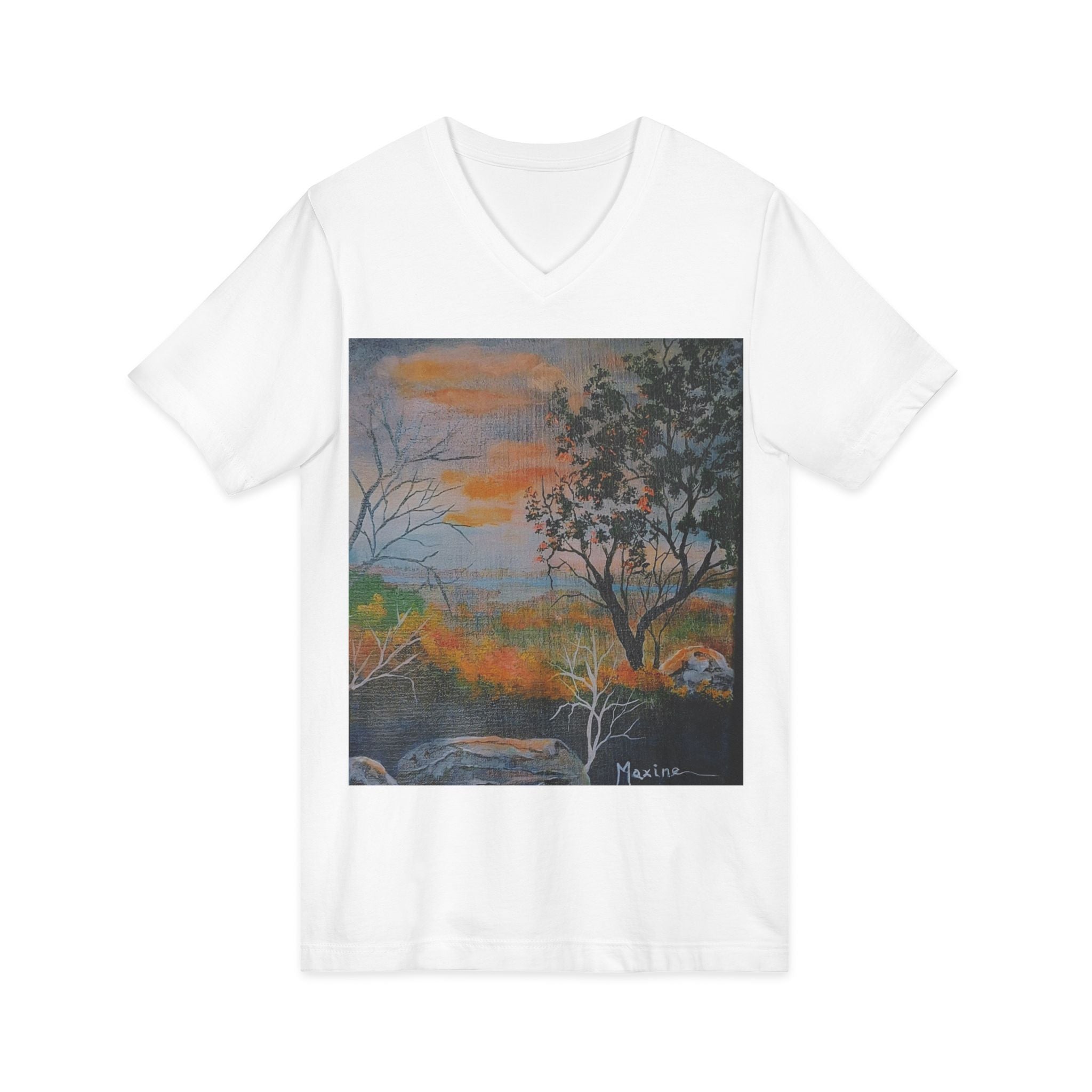 EVENING NEAR THE HUDSON RIVER - Sunset Landscape V-Neck Tee - Hand-Painted Nature Art