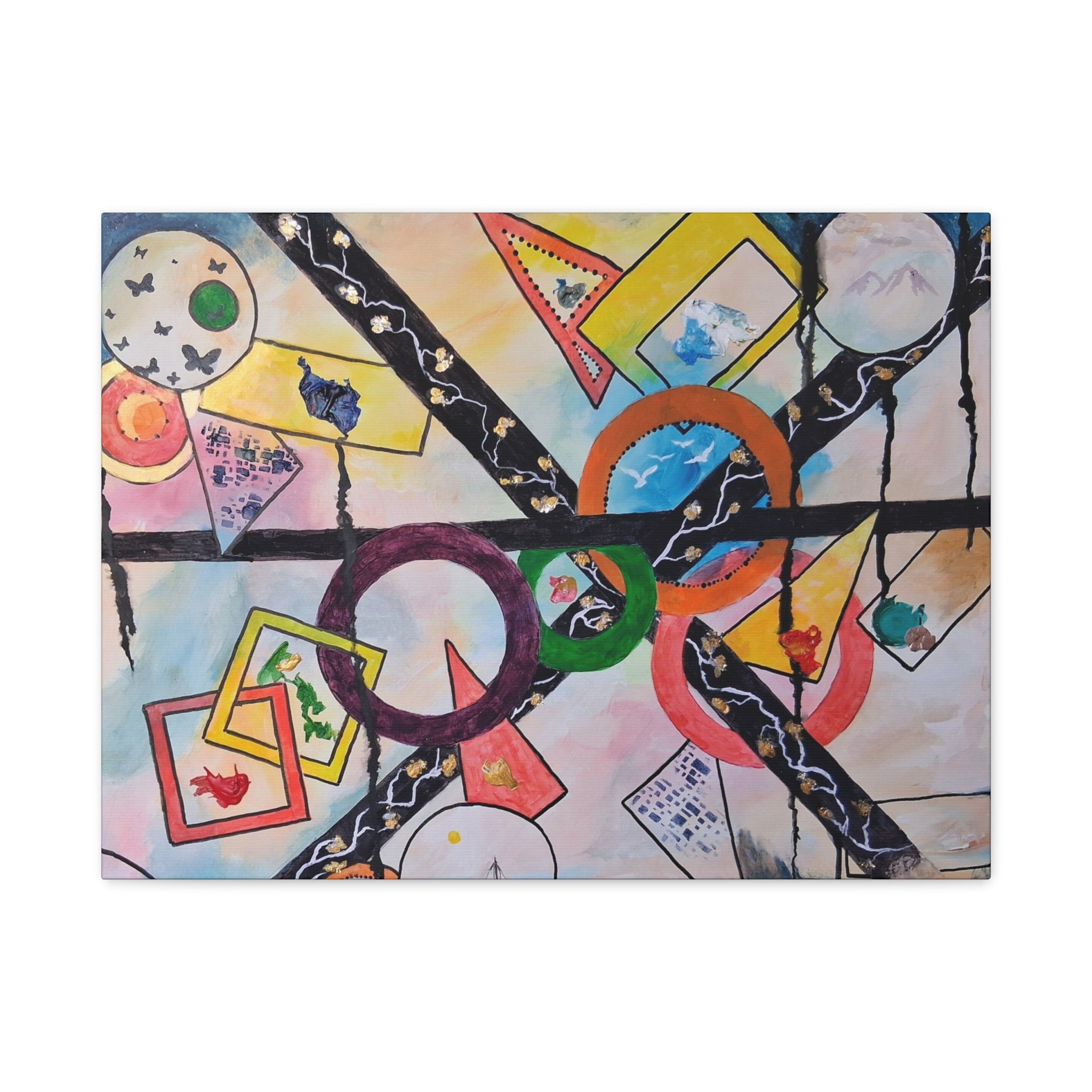 SERCHING FOR GREATNESS - Abstract Geometric Canvas Print — Colorful Rings & Cards Matte Stretched Wall Art