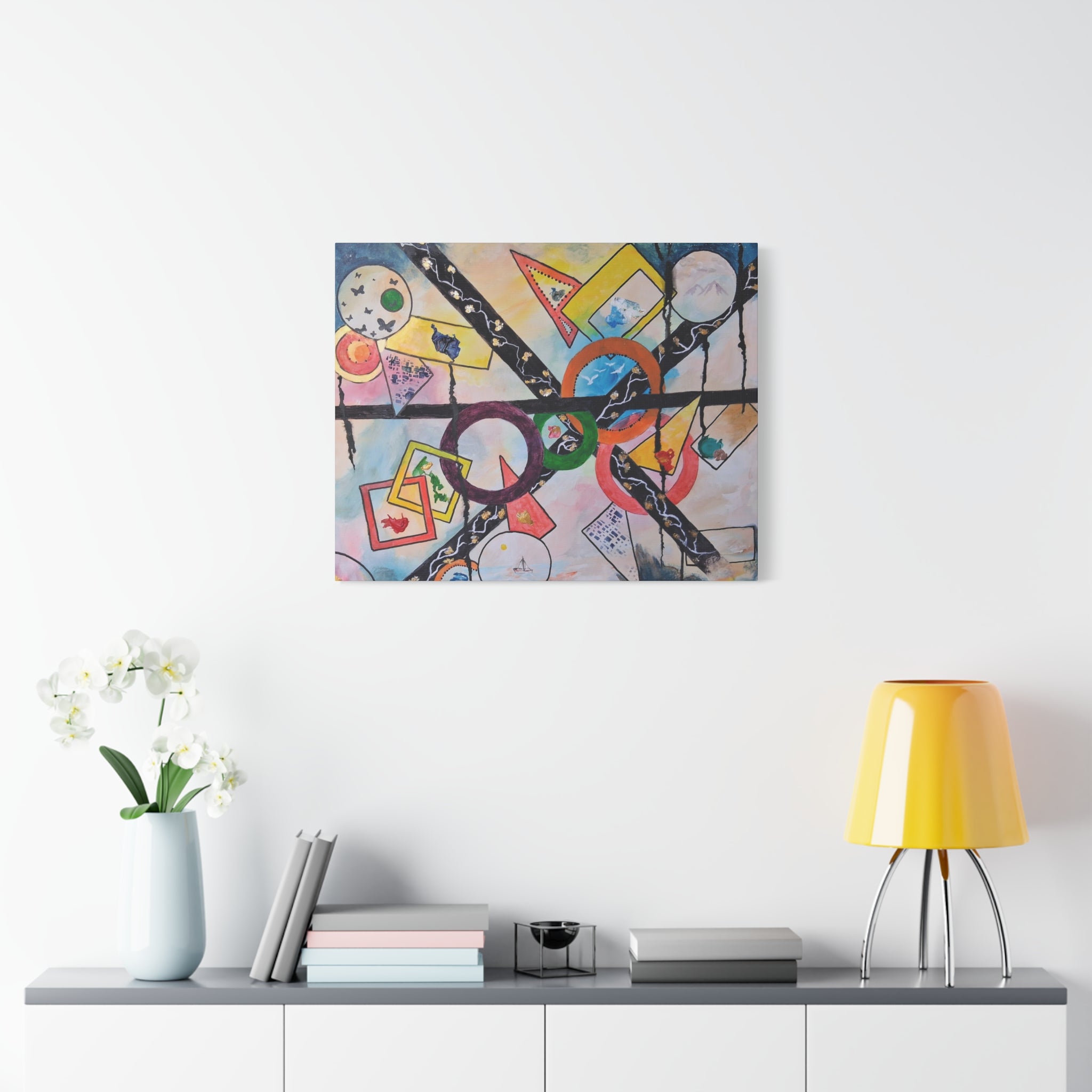 SERCHING FOR GREATNESS - Abstract Geometric Canvas Print — Colorful Rings & Cards Matte Stretched Wall Art