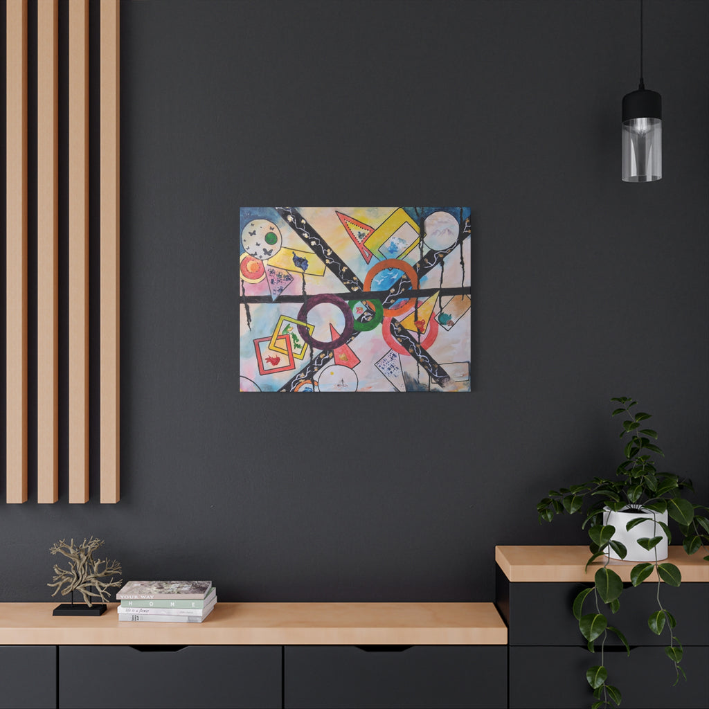 SERCHING FOR GREATNESS - Abstract Geometric Canvas Print — Colorful Rings & Cards Matte Stretched Wall Art
