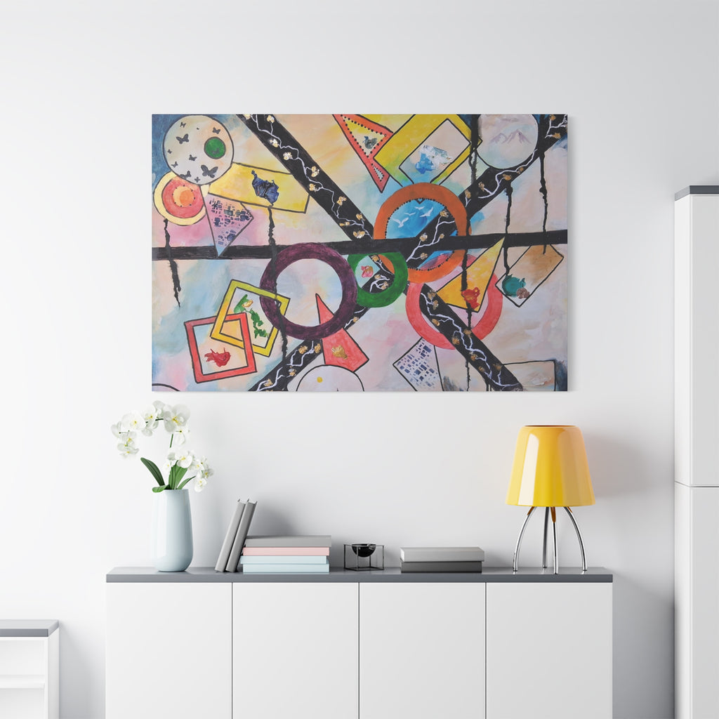 SERCHING FOR GREATNESS - Abstract Geometric Canvas Print — Colorful Rings & Cards Matte Stretched Wall Art