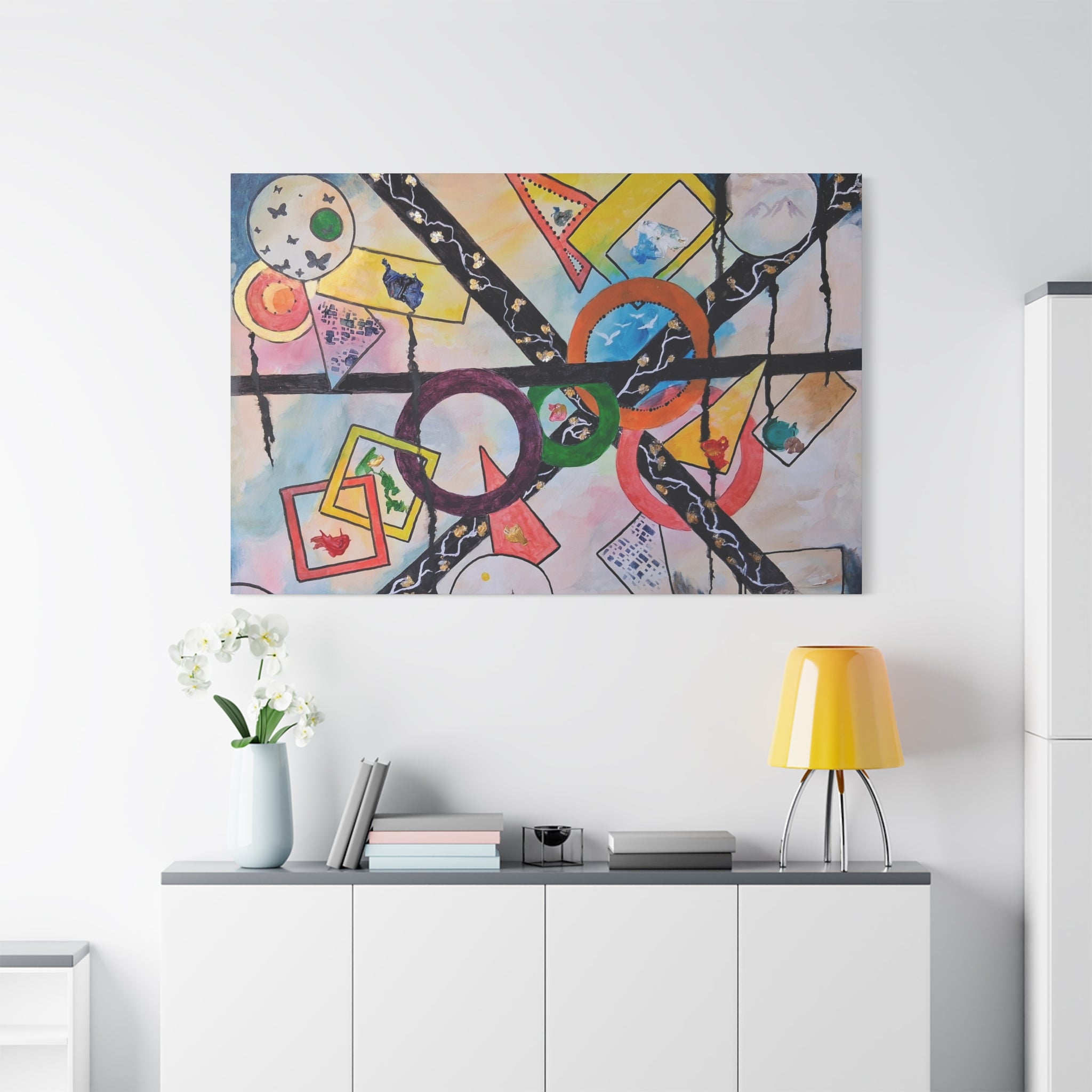 SERCHING FOR GREATNESS - Abstract Geometric Canvas Print — Colorful Rings & Cards Matte Stretched Wall Art