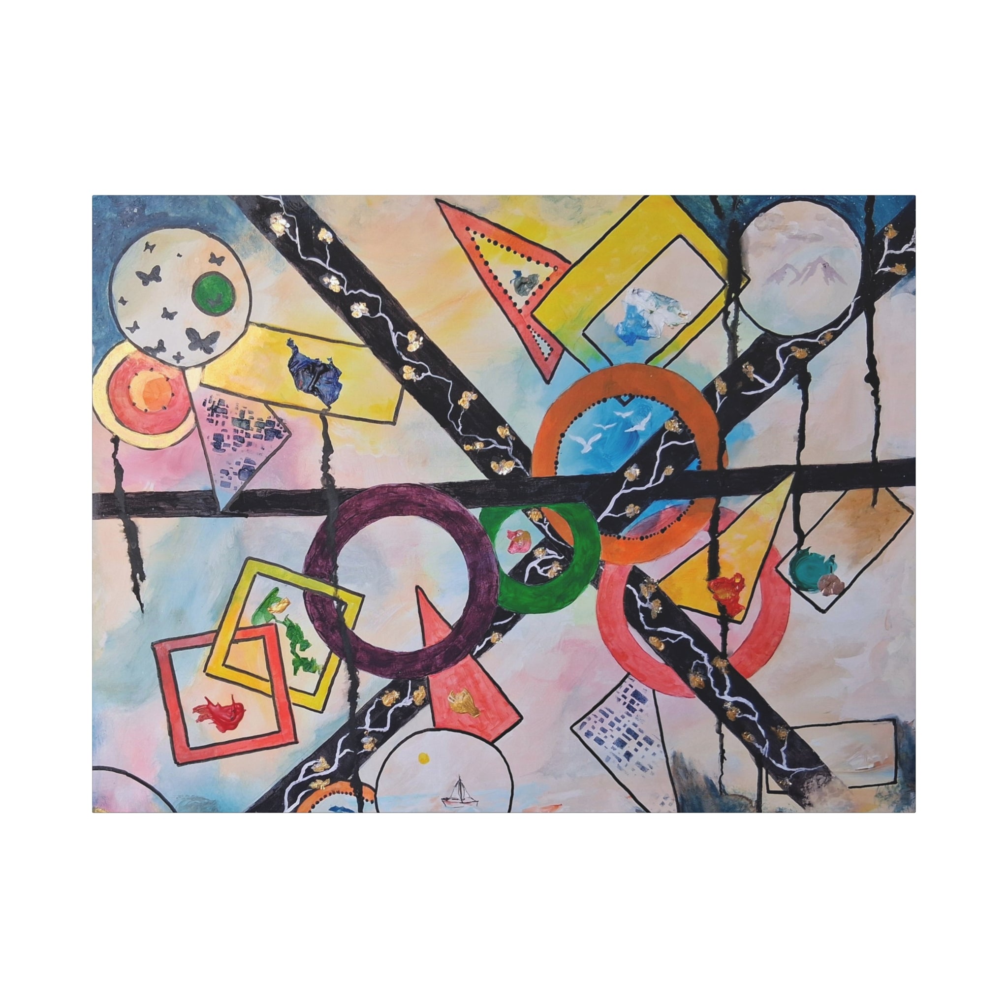SERCHING FOR GREATNESS - Abstract Geometric Canvas Print — Colorful Rings & Cards Matte Stretched Wall Art