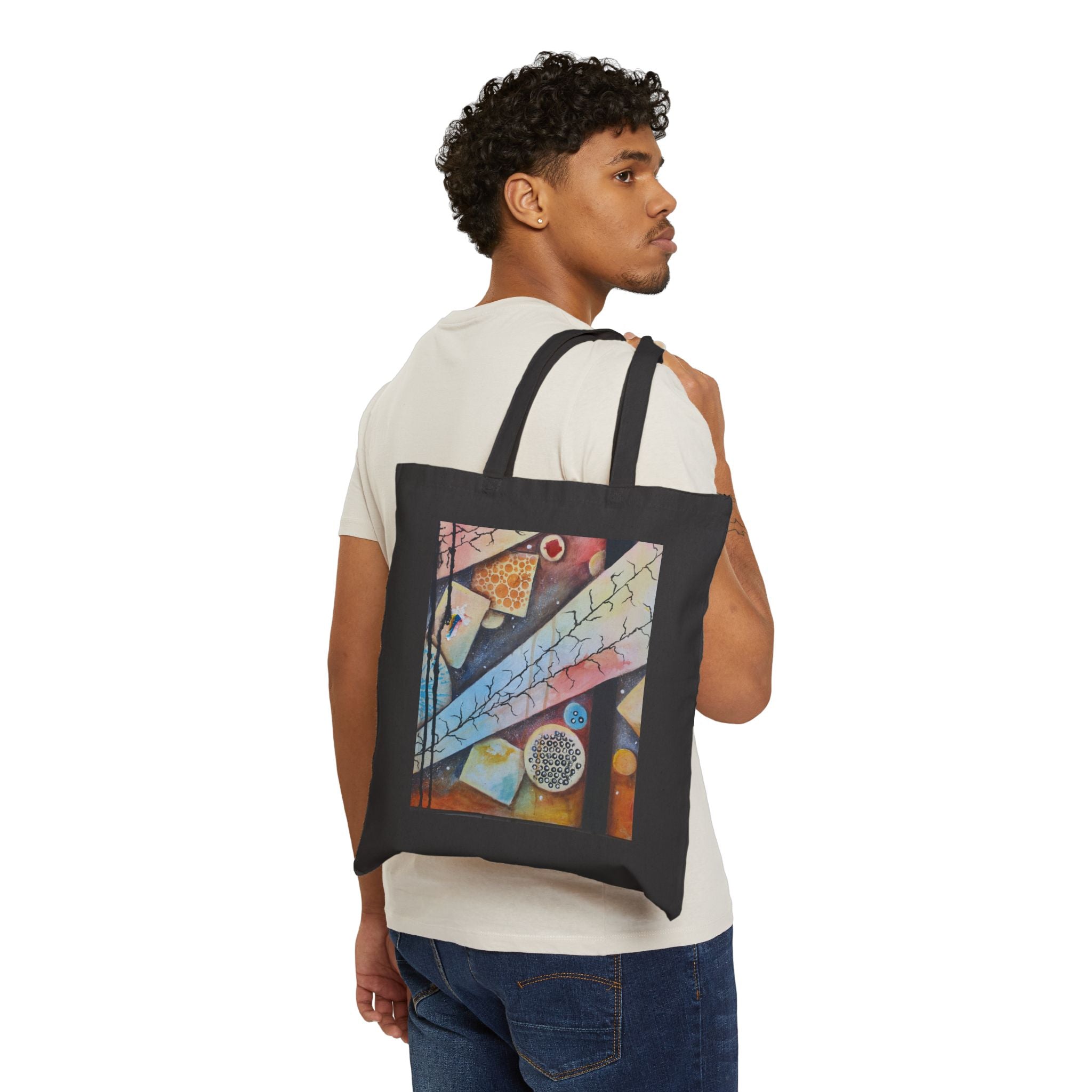 GOLDEN CARTOGRAPHY OF THE BLUE REALM - Abstract Brunch Canvas Tote Bag — Colorful Abstract Print