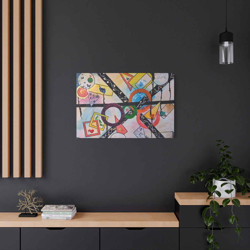 SERCHING FOR GREATNESS - Abstract Geometric Canvas Print — Colorful Rings & Cards Matte Stretched Wall Art
