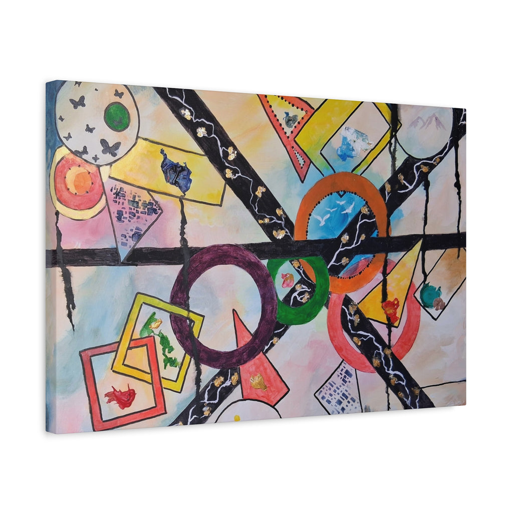 SERCHING FOR GREATNESS - Abstract Geometric Canvas Print — Colorful Rings & Cards Matte Stretched Wall Art